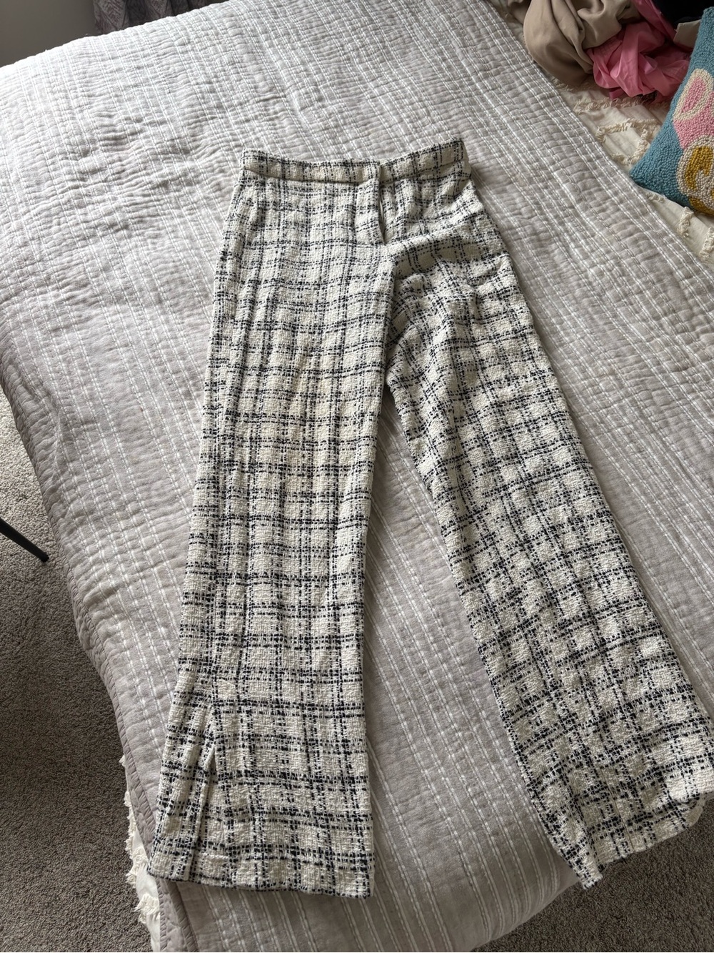 Zara Cream and Black Plaid Wide-Leg Pants
